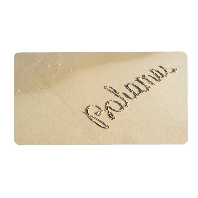 Bahamas carved sign on the beach sand label (Front)