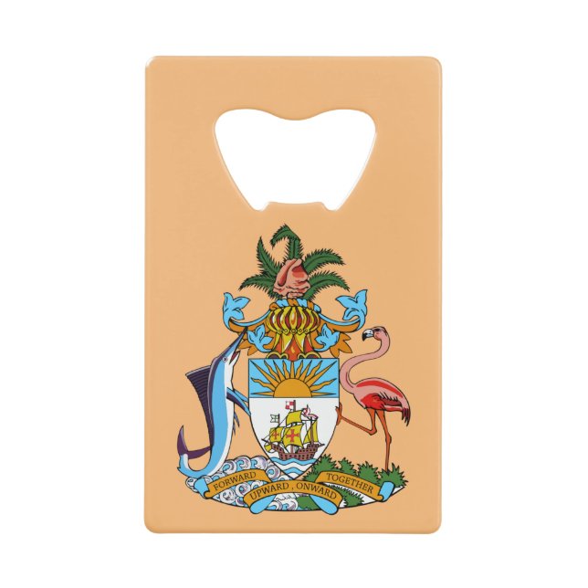 Bahamas Coat of Arms - Marlin, Flamingo, Conch Credit Card Bottle Opener (Front)