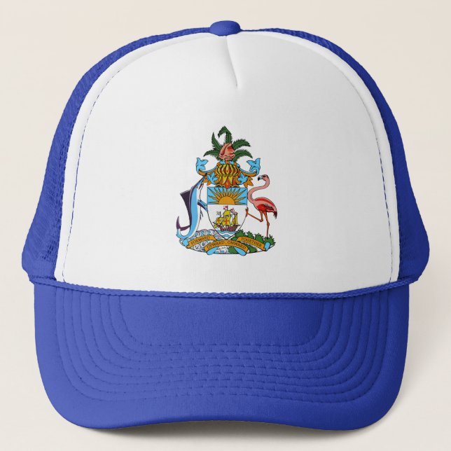 Bahamas Coat of Arms - Marlin, Flamingo, Conch Trucker Hat (Front)