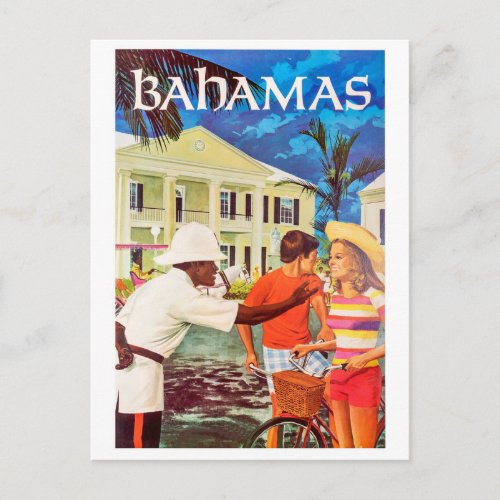 Bahamaspolite policeman heading the way to couple postcard
