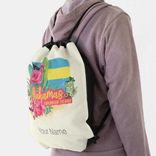 Bahamas retro caribbean island flamingo vintage drawstring bag