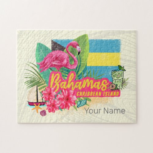 Bahamas retro caribbean island flamingo vintage jigsaw puzzle