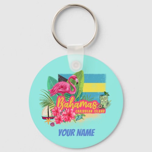 Bahamas retro caribbean island flamingo vintage keychain