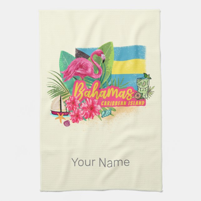 Bahamas retro caribbean island flamingo vintage kitchen towel (Vertical)