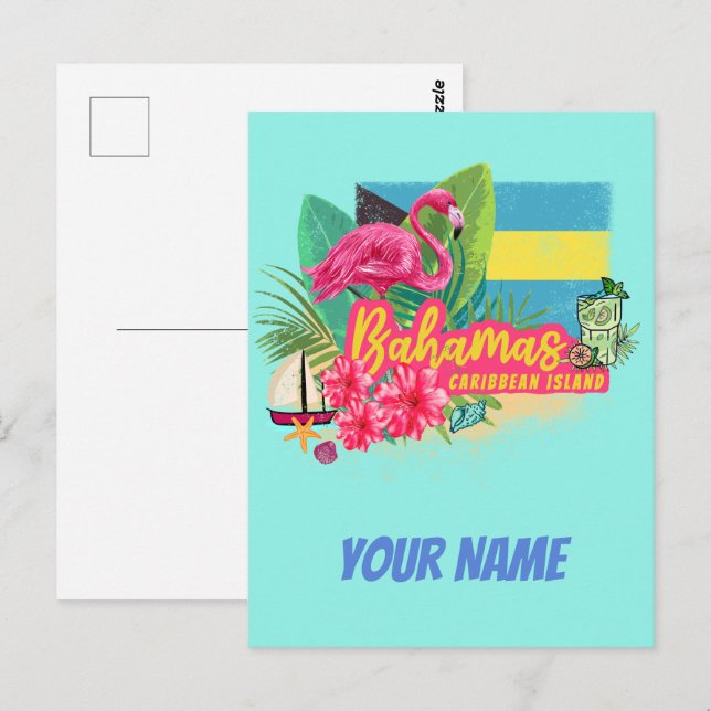 Bahamas retro caribbean island flamingo vintage postcard (Front/Back)