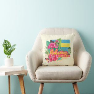 Bahamas retro caribbean island flamingo vintage throw pillow
