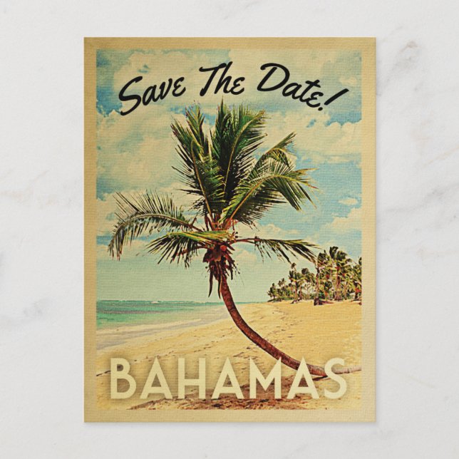 Bahamas Save The Date Vintage Beach Palm Tree Announcement Postcard (Front)