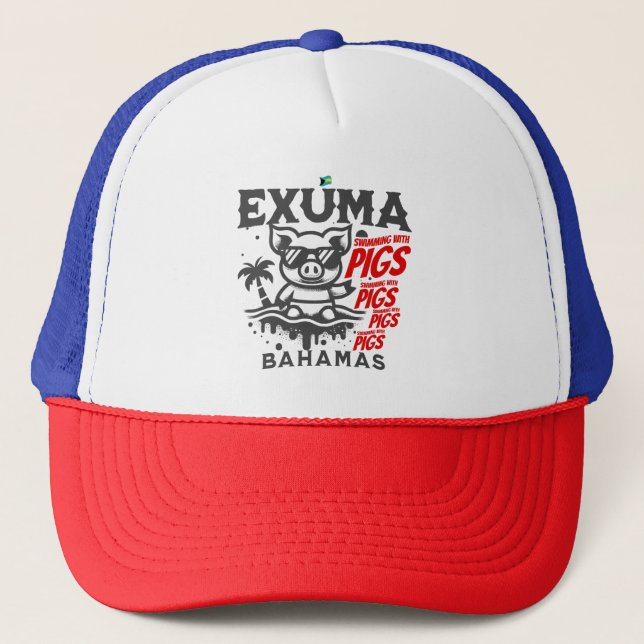 Bahamas Souvenir Gift: Exuma Bahamas Swimming Pigs Trucker Hat (Front)