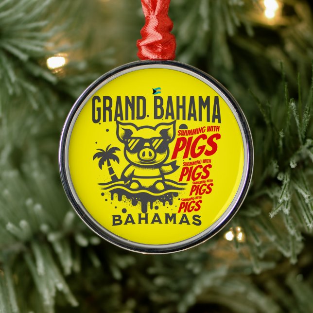 Bahamas Souvenir Gift : Grand Bahama Swimming Pigs Metal Ornament (Tree)