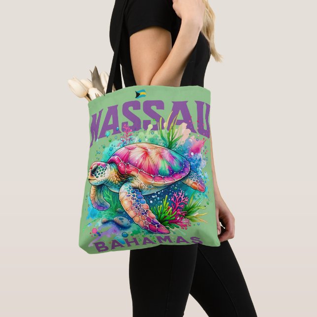 Bahamas Souvenir Gift : Nassau Bahamas Sea Turtle Tote Bag (Close Up)