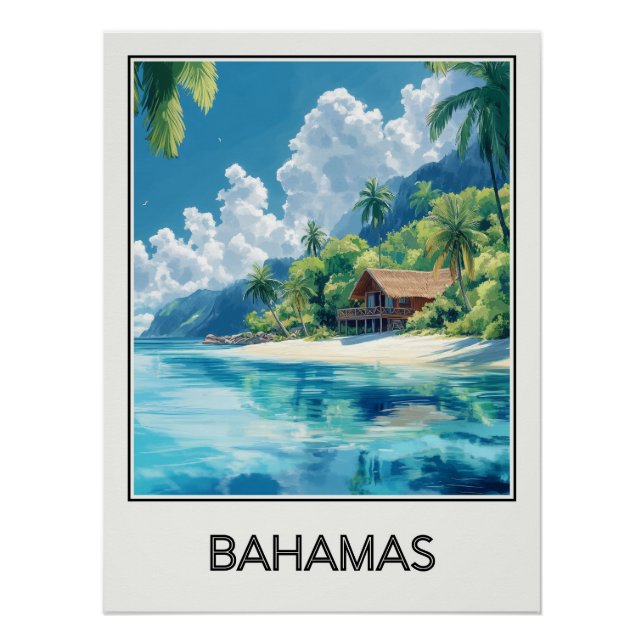 Bahamas vintage poster, hut on tropical beach poster (Front)