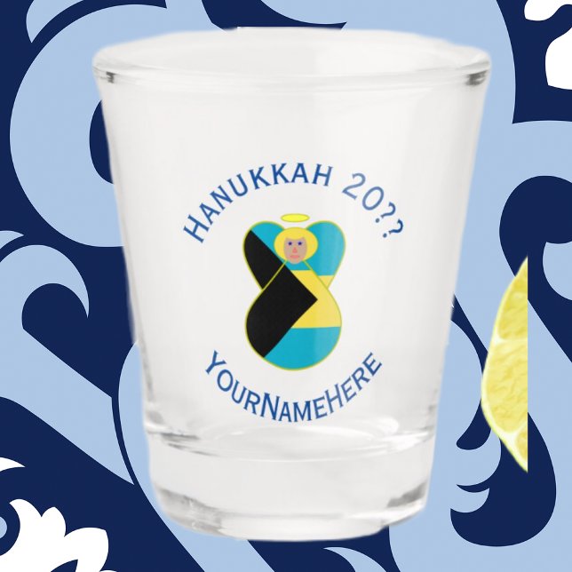 Bahamian Blonde Angel Hanukkah Flag Personalized Shot Glass (Creator Uploaded)