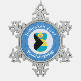 Bahamian Blonde Angel Hanukkah Flag Personalized  Snowflake Pewter Christmas Ornament
