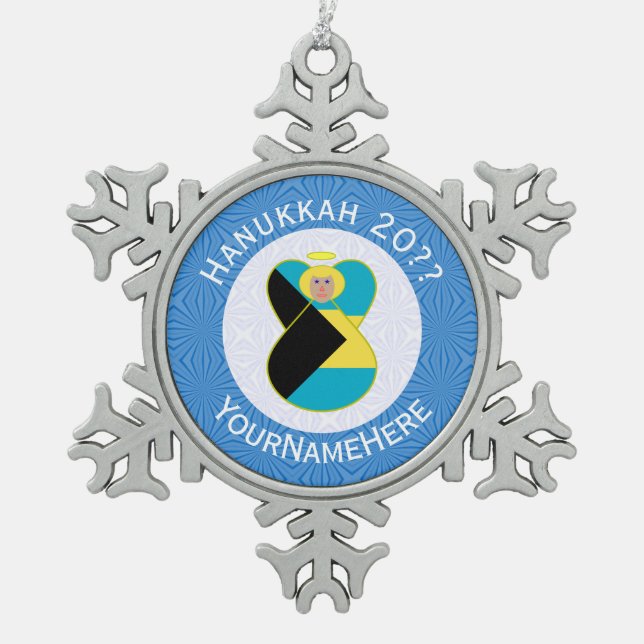 Bahamian Blonde Angel Hanukkah Flag Personalized  Snowflake Pewter Christmas Ornament (Front)