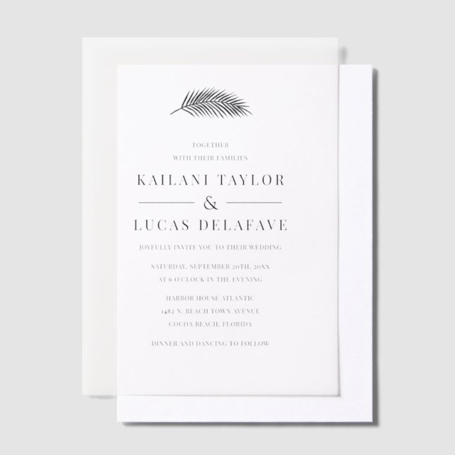 Bahia Simple Modern Minimal Palm Leaf Wedding Vellum Invitations (Offset)