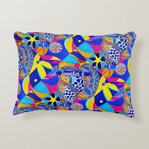 Bahia vacation inspired blue pink yellow custom accent pillow