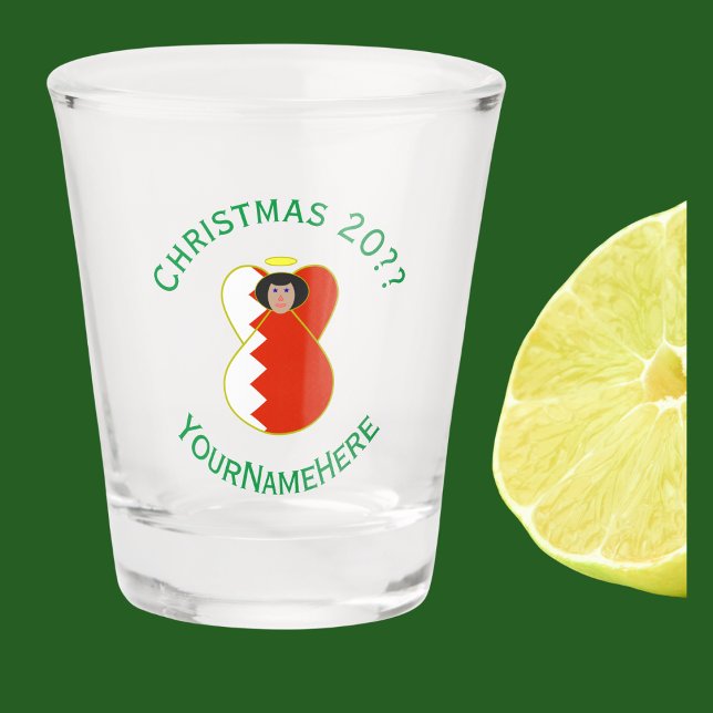 Bahraini Angel Christmas Flag Personalized  Shot Glass (Shot glass has angel dressed in Bahraini flag for Christmas. Green text for year, holiday, and name.)