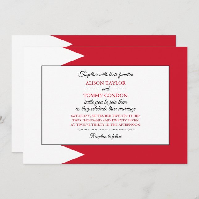 Bahraini Flag, Flag of Bahrain Wedding Invitation (Front/Back)