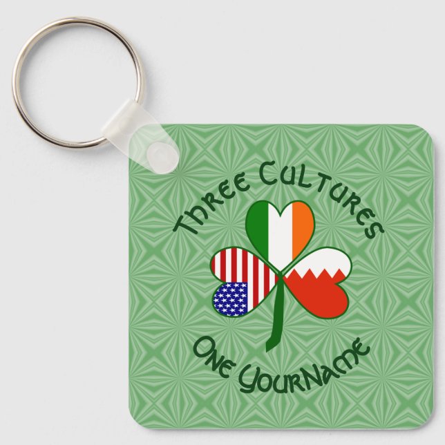 Bahraini Irish American Flags Shamrock Personalize Keychain (Front)