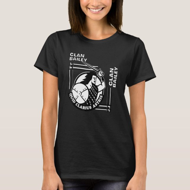 Bailey Clan Gaelic Motto Swordsman T-Shirt (Front)