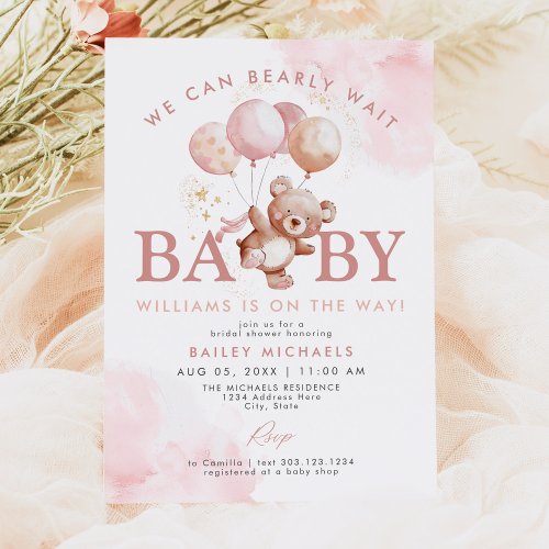 BAILEY Pink Bearly Wait Teddy Bear Baby Shower Invitation