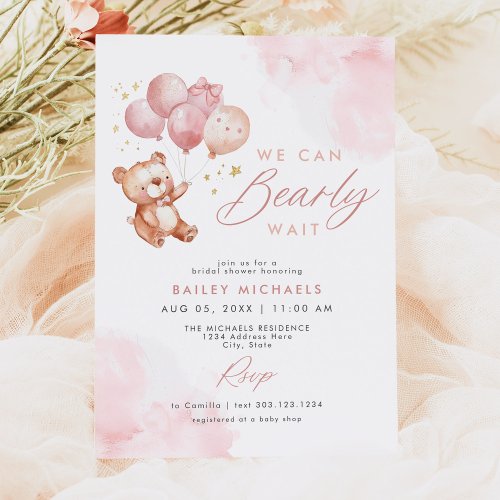 BAILEY Pink Bearly Wait Teddy Bear Baby Shower Invitation