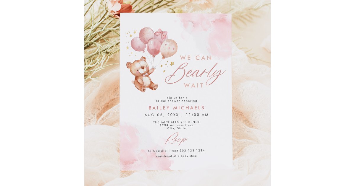 BAILEY Pink Bearly Wait Teddy Bear Baby Shower Invitation | Zazzle