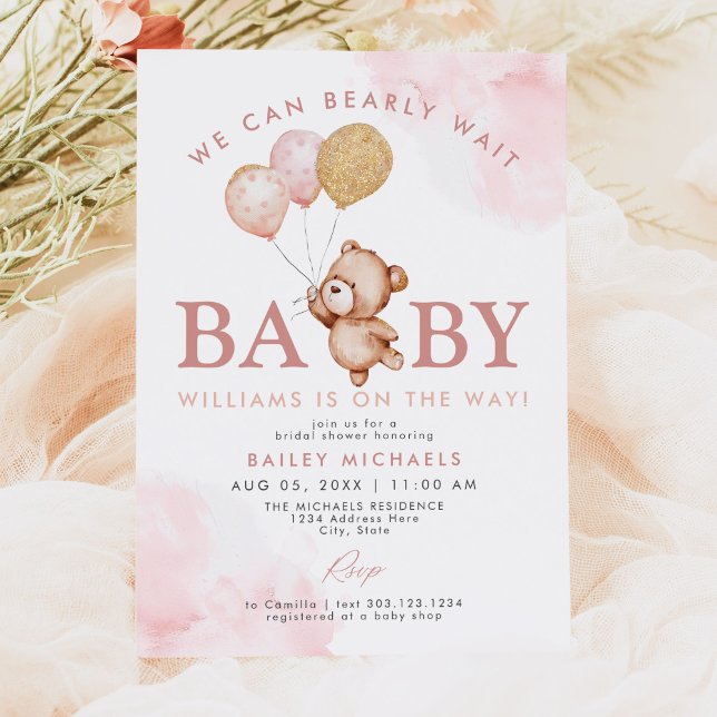 BAILEY Pink Bearly Wait Teddy Bear Baby Shower Invitation (Creator Uploaded)