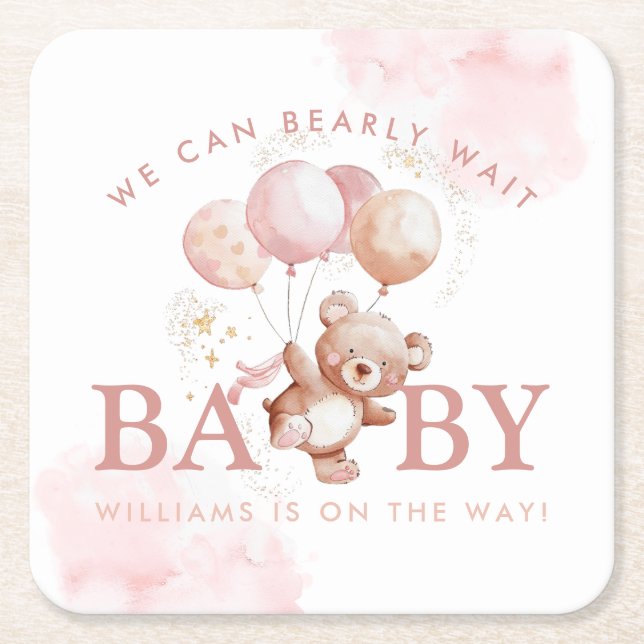 BAILEY Pink Bearly Wait Teddy Bear Baby Shower Square Paper Coaster (Front)