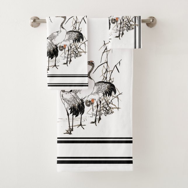 Bairei Crane Bird Wildlife Japanese Bath Towel Set (Insitu)