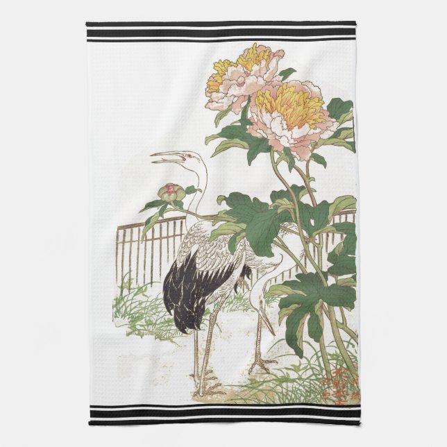 Bairei Japan Crane Bird Peony Flower Kitchen Towel (Vertical)