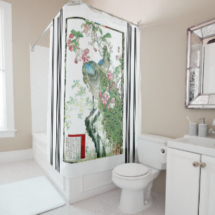 Bairei Peacock Birds Flowers Shower Curtain