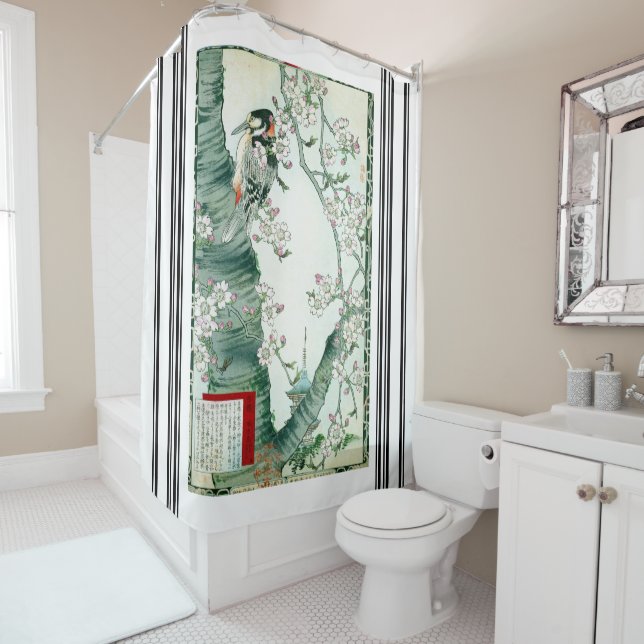 Bairei Woodpecker Bird Cherry Tree Shower Curtain (In Situ)