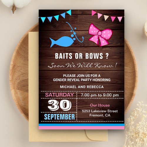 Baits or Bows Gender Reveal Party Invitation