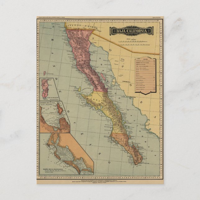 Baja California Antique Map Postcard (Front)