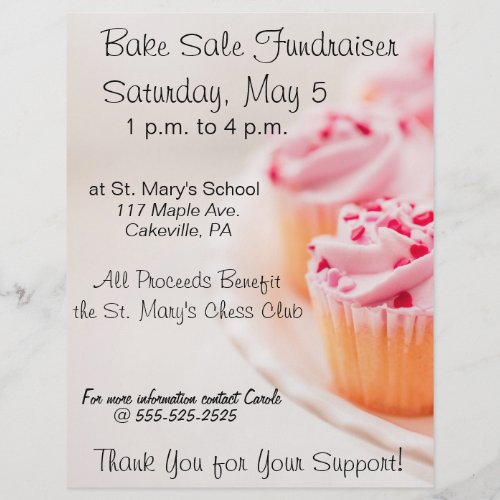 Bake Sale Fundraiser Flyer Pink Cupcakes Design