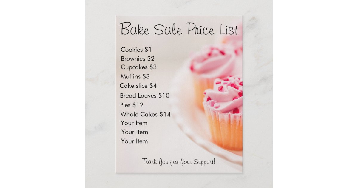 bake sale price list pink cupcakes flyer zazzle com bake sale labels