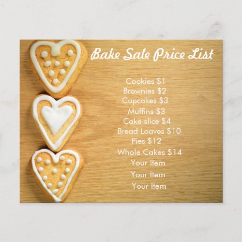 Bake Sale Price List Wood Background Heart Cookies Flyer