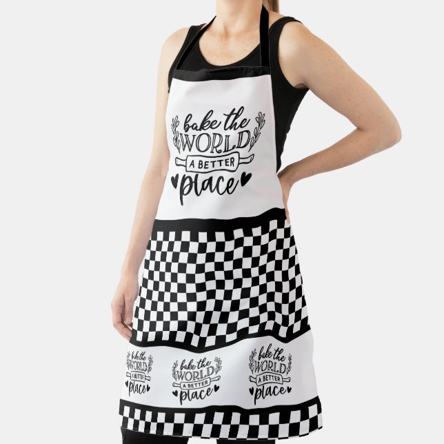 Bake the world a better place checkered pattern apron (Insitu)