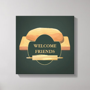 Baked Bread Kichen Art Welcome Hunter Green Canvas Print