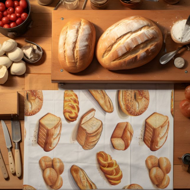Baked Bread  Kitchen Towel (A tea towel with bread theme lies on top of a kitchen counter.)