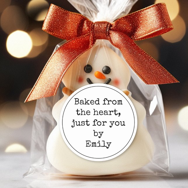 Baked from the heart by Name Black White Classic Round Sticker (For your festive homemade goodies)