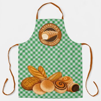 Baked Goodies Bread Baker’s Logo Green Gingham Apron by BCMonogramMe at Zazzle