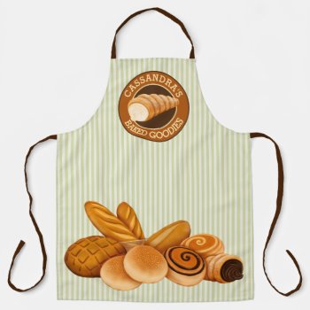 Baked Goodies Pastry Bread Baker Logo Green Stripe Apron by BCMonogramMe at Zazzle