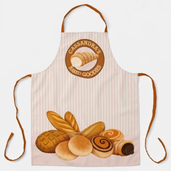 Baked Goodies Pastry Bread Baker Logo Pink Stripes Apron by BCMonogramMe at Zazzle