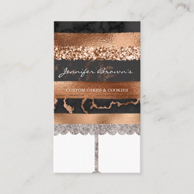 Baked Goods Cake Bakery Glitz Copper Marble Black Business Card (Front)