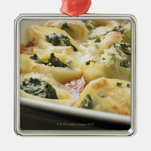 Baked pasta shells with spinach filling metal ornament (Front)
