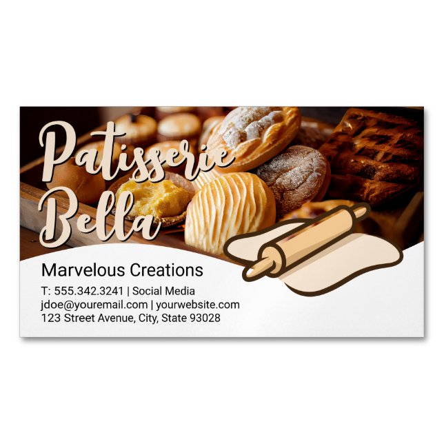 Baked Pastries | Rolling Pin and Dough Business Card Magnet (Front)