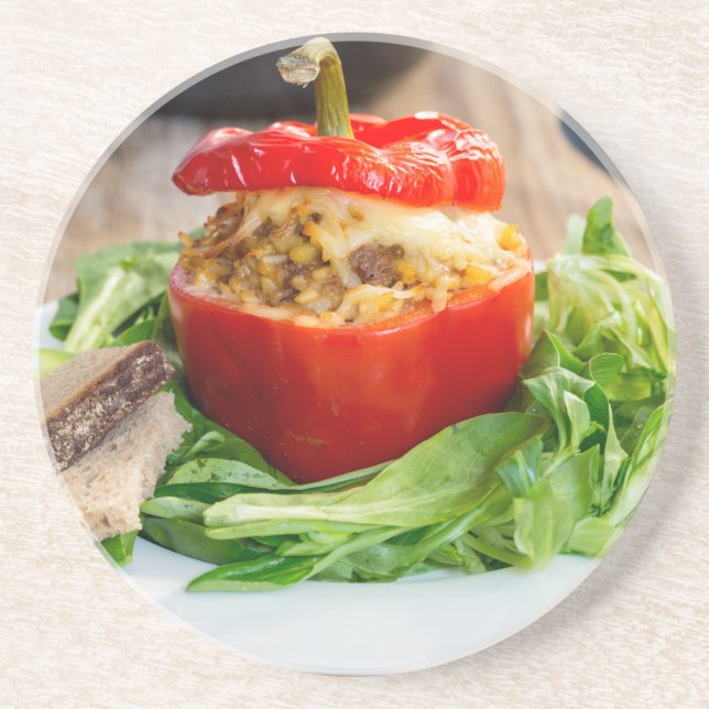 Baked stuffed peppers with meat sauce and cheese drink coaster (Front)