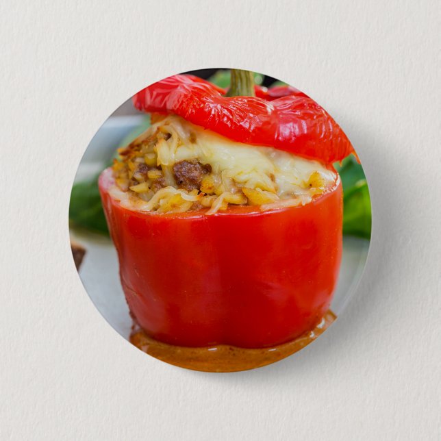 Baked stuffed peppers with meat sauce and cheese pinback button (Front)